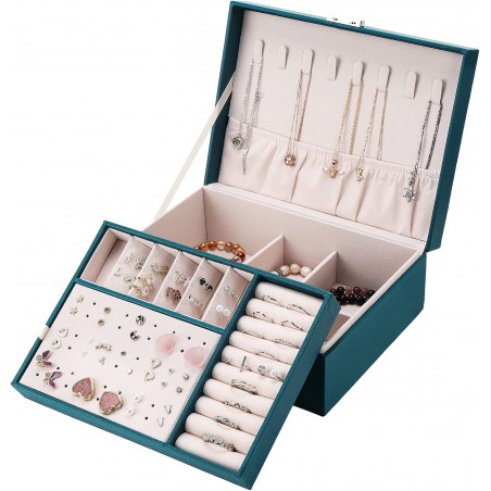 Coptiner Boîte à Bijoux pour Femme filles, Coffret à Bijoux en Cuir Verrouillable de 2 Couches, Organisateur à Bijoux Rangement