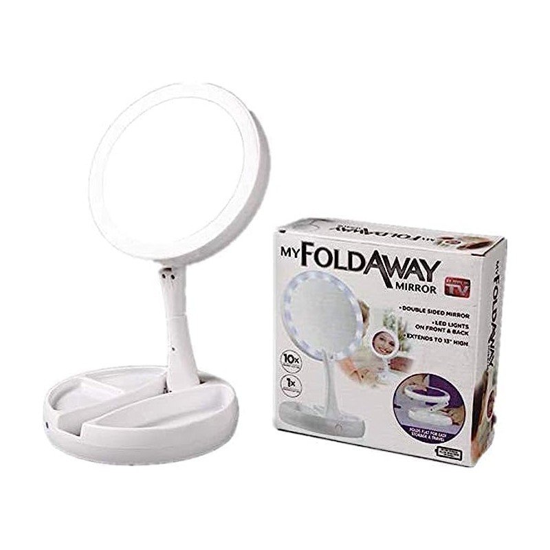 1 miroir de maquillage à LED double face pliable avec loupe et miroir de voyage portable avec lumière LED en plein jour (blanc)