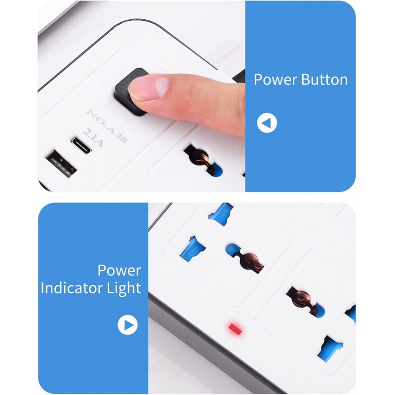 SHUIYUE Multiprise,Multiprise avec 6 prises AC et 3 ports USB 1 type C 1,8 m Protection contre les surtensions pour dortoir de