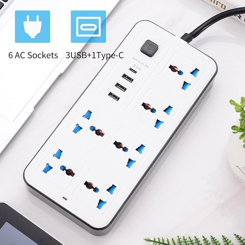 SHUIYUE Multiprise,Multiprise avec 6 prises AC et 3 ports USB 1 type C 1,8 m Protection contre les surtensions pour dortoir de