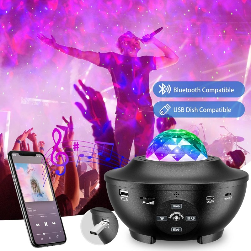 Projecteur LED ciel étoilé Star Galaxy Projector Light 21 modes d'éclairage rotatifs à 360° Ondes océaniques Bluetooth